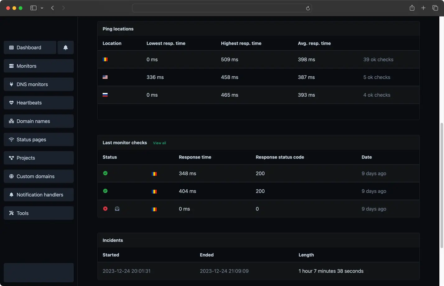 Screenshot of the app monitors incidents page